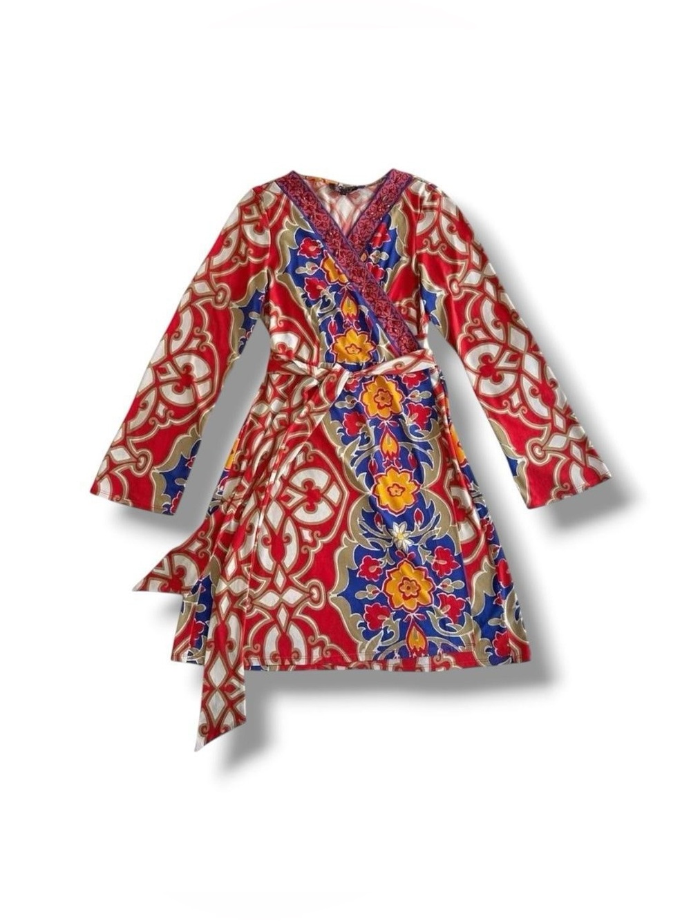 Hale Bob 2000s Abstract Patterned Belted Red Rhinestone Long Sleeve Wrap Dress S